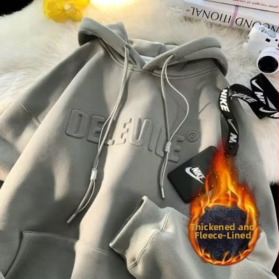 320 g smags vintage kapucētais džemperis, oversize brīvs piegriezums, garas piedurknes, raksts ar burtiem, poliestera audums