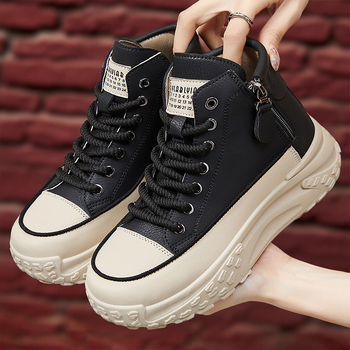 Naiste chunky tossud, keskmise kõrgusega ülaosa, paks tald, kunstnahk ülaosa, tõmblukk kinnitusega, süstimisega vormitud tald