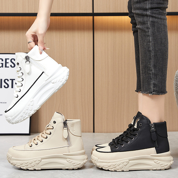 Naiste chunky tossud, keskmise kõrgusega ülaosa, paks tald, kunstnahk ülaosa, tõmblukk kinnitusega, süstimisega vormitud tald