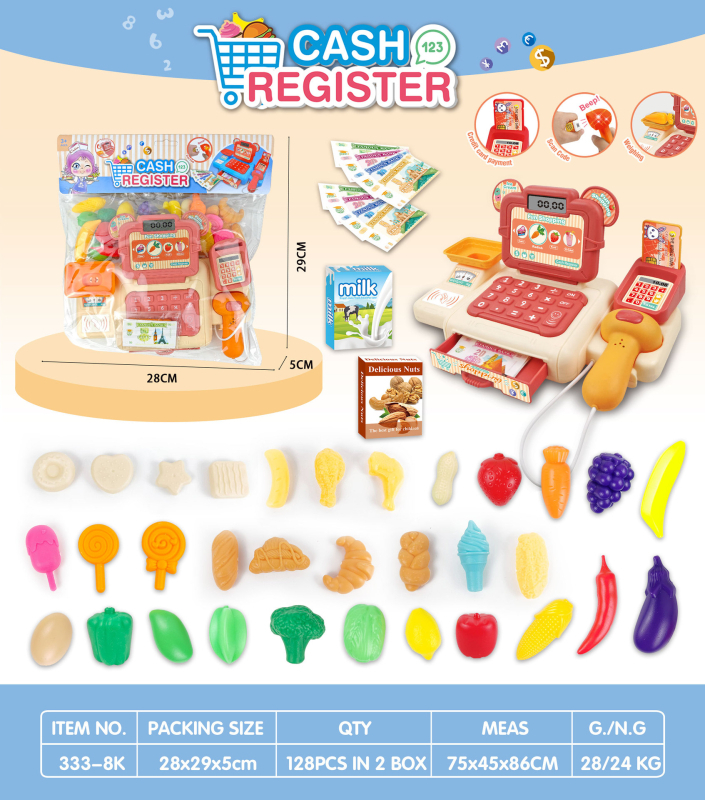 Ταμειακή μηχανή παιχνιδιού με ήχο και φως, σετ φρούτων, λαχανικών και ποτών για ρόλους παιχνιδιού (7–14 ετών)