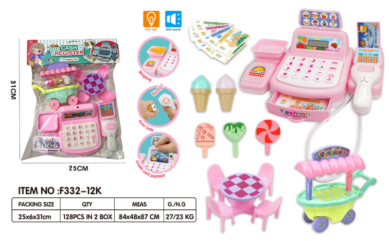 Ταμειακή μηχανή παιχνιδιού με ήχο και φως, σετ φρούτων, λαχανικών και ποτών για ρόλους παιχνιδιού (7–14 ετών)