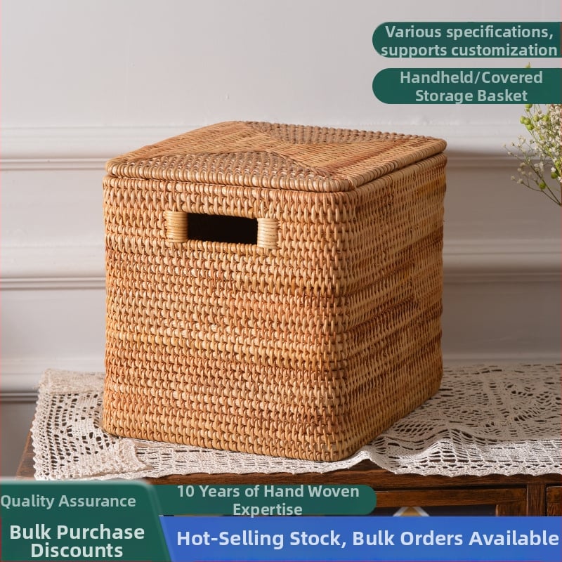 Ručni pleteni koš za skladištenje od jesenskog ratana sa poklopcem, nordijski stil, Eighty Rattan, porijeklo Vietnam, pogodan za CD-e, knjige i sitne predmete