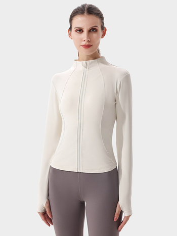 Moterų jogos švarkas su ilgomis rankovėmis, greitai džiūstantis, prigludęs kirpimas, stovinti kaklaskarė, be pamušalo, 90% poliesterio + 10% spandekso