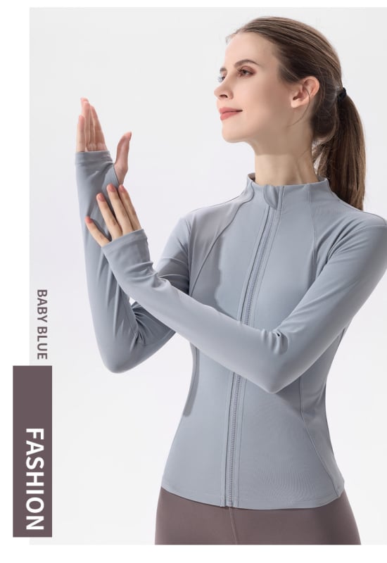 Moterų jogos švarkas su ilgomis rankovėmis, greitai džiūstantis, prigludęs kirpimas, stovinti kaklaskarė, be pamušalo, 90% poliesterio + 10% spandekso