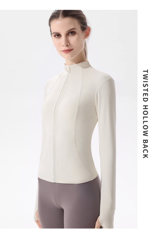 Moterų jogos švarkas su ilgomis rankovėmis, greitai džiūstantis, prigludęs kirpimas, stovinti kaklaskarė, be pamušalo, 90% poliesterio + 10% spandekso