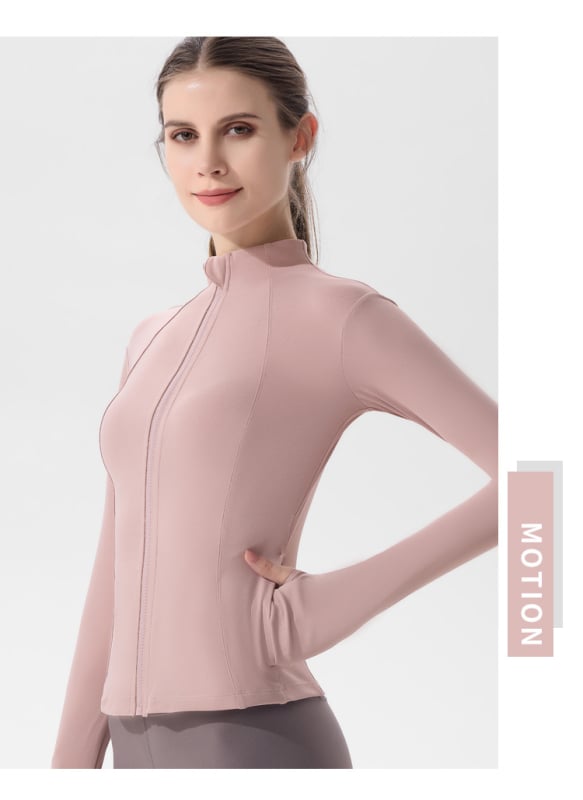 Moterų jogos švarkas su ilgomis rankovėmis, greitai džiūstantis, prigludęs kirpimas, stovinti kaklaskarė, be pamušalo, 90% poliesterio + 10% spandekso