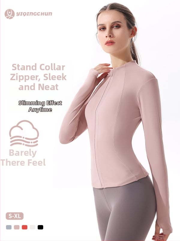 Moterų jogos švarkas su ilgomis rankovėmis, greitai džiūstantis, prigludęs kirpimas, stovinti kaklaskarė, be pamušalo, 90% poliesterio + 10% spandekso