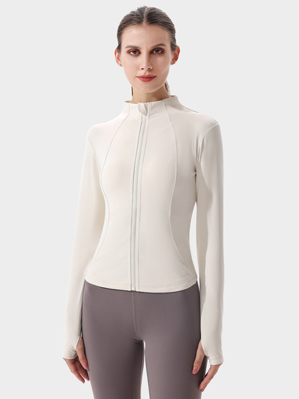 Moterų jogos švarkas su ilgomis rankovėmis, greitai džiūstantis, prigludęs kirpimas, stovinti kaklaskarė, be pamušalo, 90% poliesterio + 10% spandekso