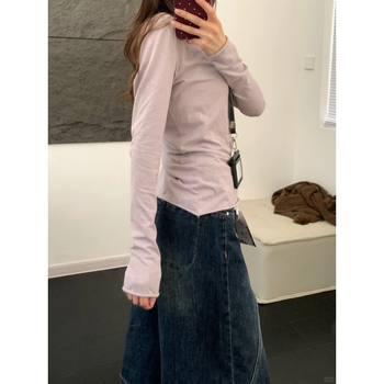 Ženski pamučni T-shirt s dugim rukavima i okruglim izrezom, slim-fit