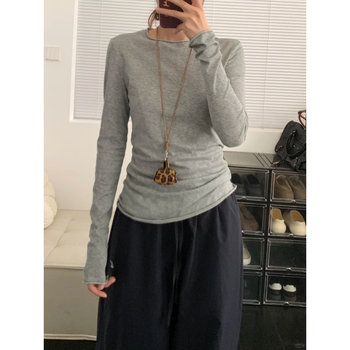 Ženski pamučni T-shirt s dugim rukavima i okruglim izrezom, slim-fit