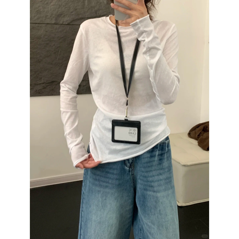 Ženski pamučni T-shirt s dugim rukavima i okruglim izrezom, slim-fit