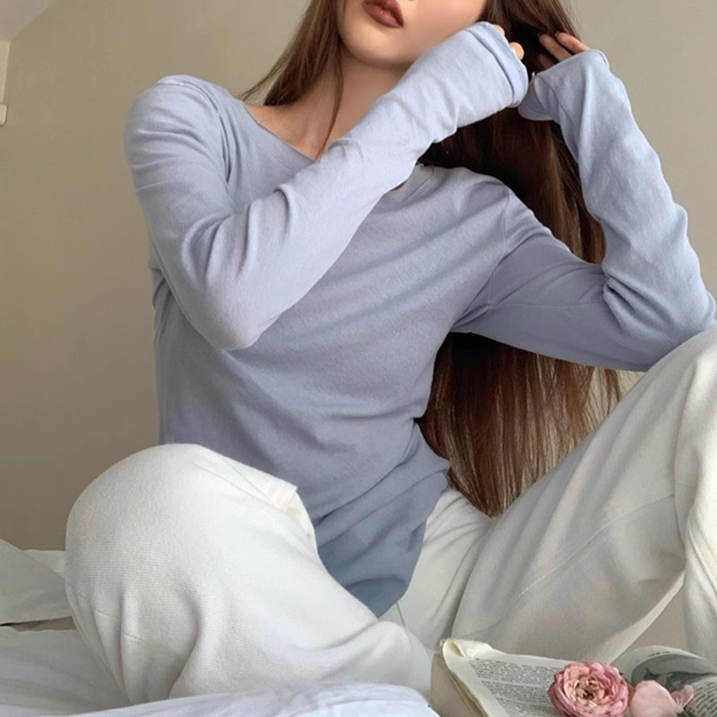 Ženski pamučni T-shirt s dugim rukavima i okruglim izrezom, slim-fit