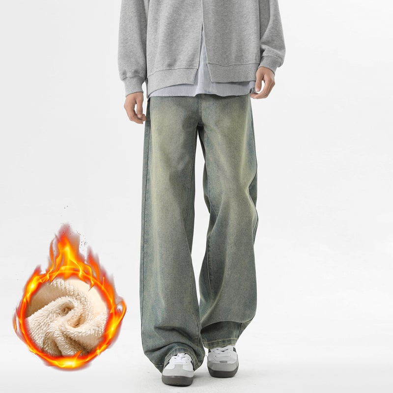 Džinsai su tiesia ir plačia kirpte, vidurio juosmu, flisinis pamušalas žiemai, medvilnės mišinys