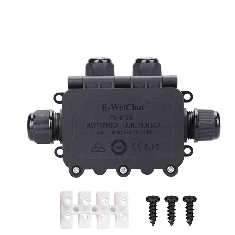 Външна IP68 кутия за разпределение, три изхода, PA66 нейлон, водоустойчива за Y-образни кабели