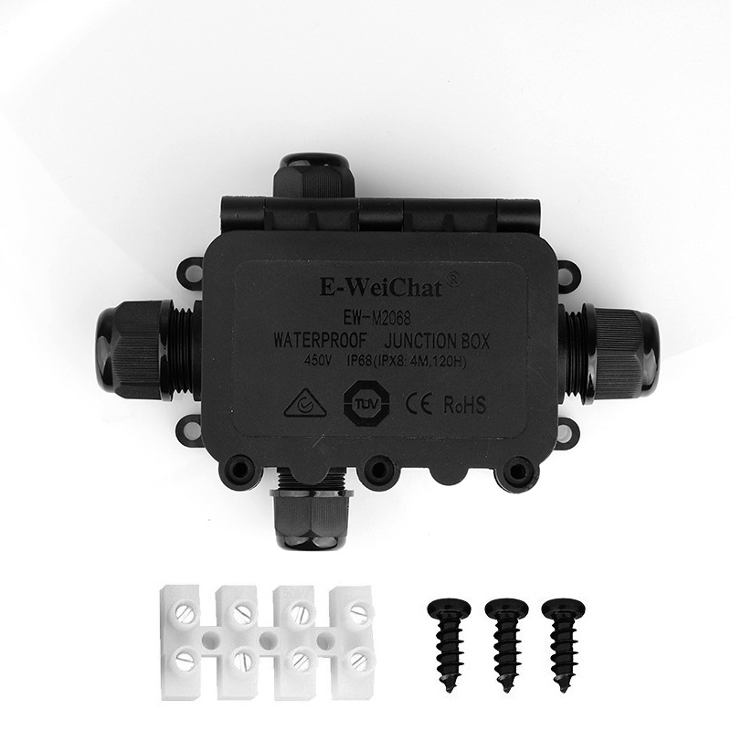 Външна IP68 кутия за разпределение, три изхода, PA66 нейлон, водоустойчива за Y-образни кабели