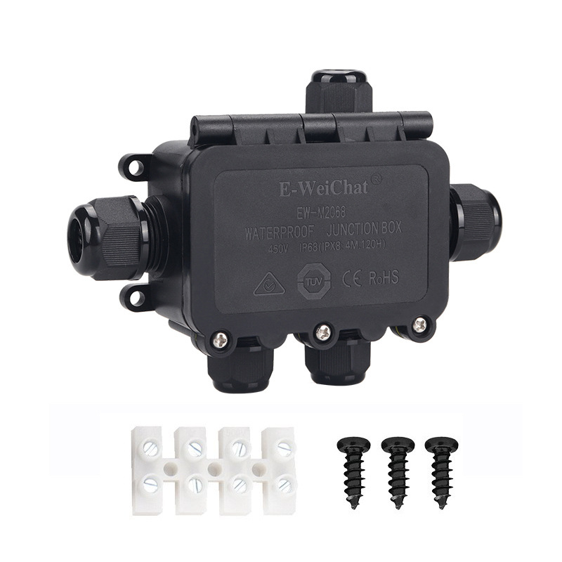 Външна IP68 кутия за разпределение, три изхода, PA66 нейлон, водоустойчива за Y-образни кабели