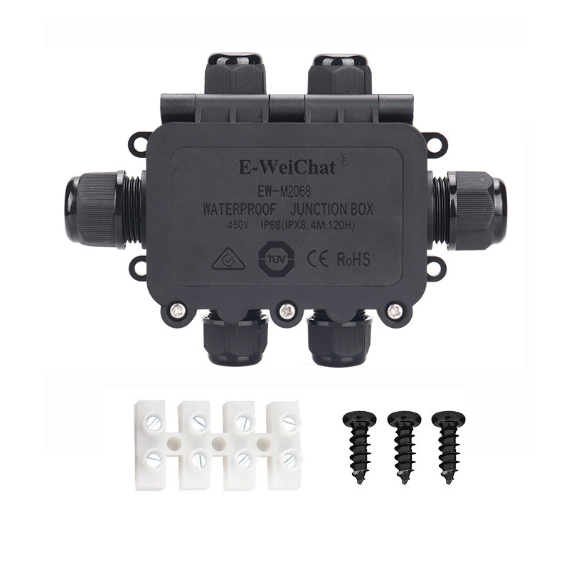 Външна IP68 кутия за разпределение, три изхода, PA66 нейлон, водоустойчива за Y-образни кабели