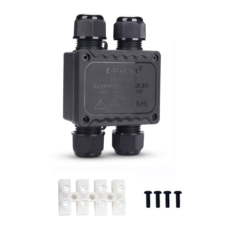 Външна IP68 кутия за разпределение, три изхода, PA66 нейлон, водоустойчива за Y-образни кабели