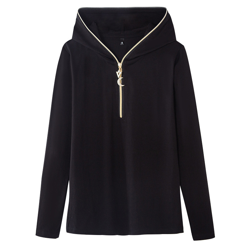 Slim-fit kokvilnas-elastāna garām piedurknēm T-krekls ar kapuci un rāvējslēdzēju, normāla garuma.