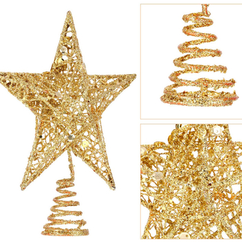 Pakabukas Kalėdų eglės viršūnei – blizgi plastikinė penkiakampė žvaigždė, šiuolaikinis minimalistinis stilius, medžiagos: plastikas ir geležis