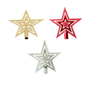 Pakabukas Kalėdų eglės viršūnei – blizgi plastikinė penkiakampė žvaigždė, šiuolaikinis minimalistinis stilius, medžiagos: plastikas ir geležis