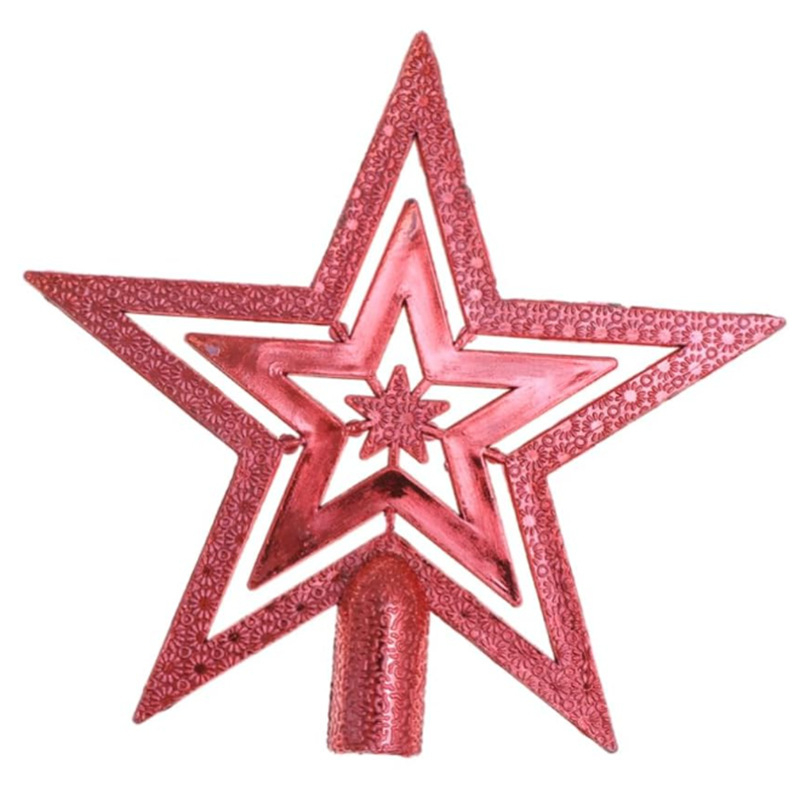 Pakabukas Kalėdų eglės viršūnei – blizgi plastikinė penkiakampė žvaigždė, šiuolaikinis minimalistinis stilius, medžiagos: plastikas ir geležis