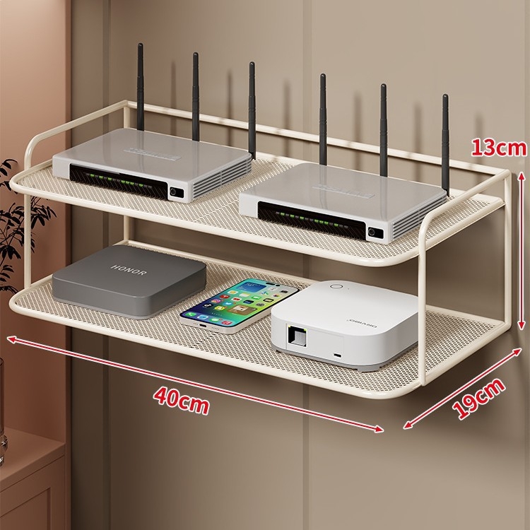 Dvoetažna zidna polica za Set-Top Box, router i TV, od željeza, bez bušenja, bez montaže