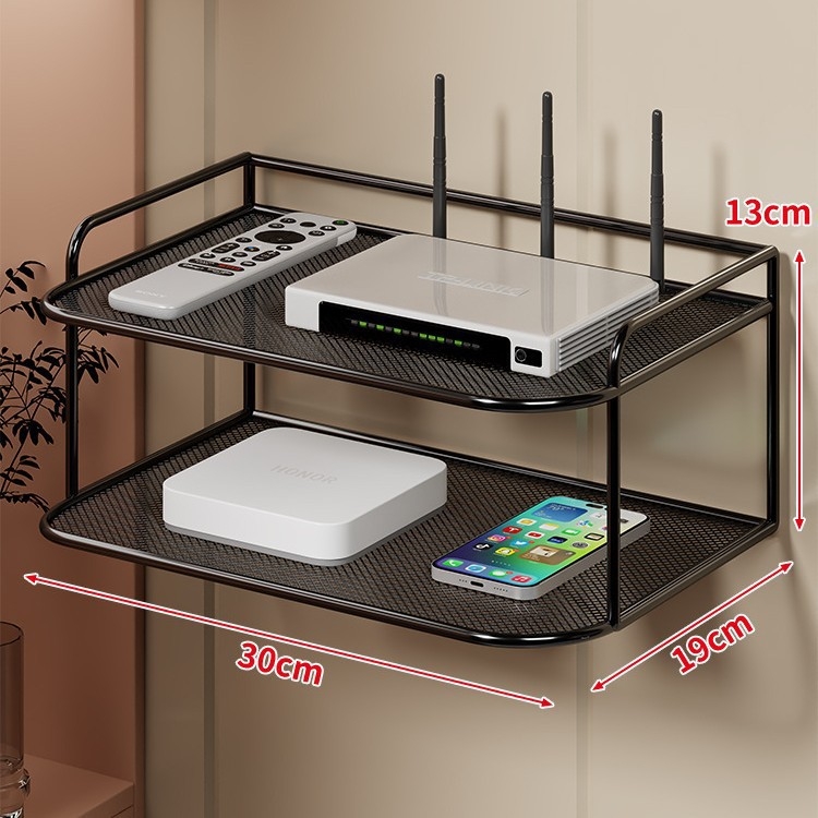 Dvoetažna zidna polica za Set-Top Box, router i TV, od željeza, bez bušenja, bez montaže