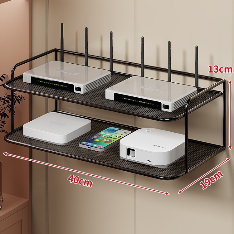 Dvoetažna zidna polica za Set-Top Box, router i TV, od željeza, bez bušenja, bez montaže