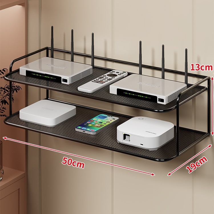 Dvoetažna zidna polica za Set-Top Box, router i TV, od željeza, bez bušenja, bez montaže