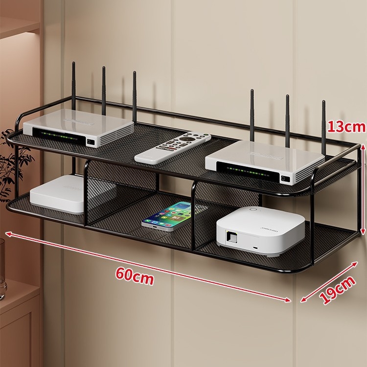 Dvoetažna zidna polica za Set-Top Box, router i TV, od željeza, bez bušenja, bez montaže