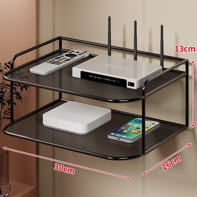 Dvoetažna zidna polica za Set-Top Box, router i TV, od željeza, bez bušenja, bez montaže