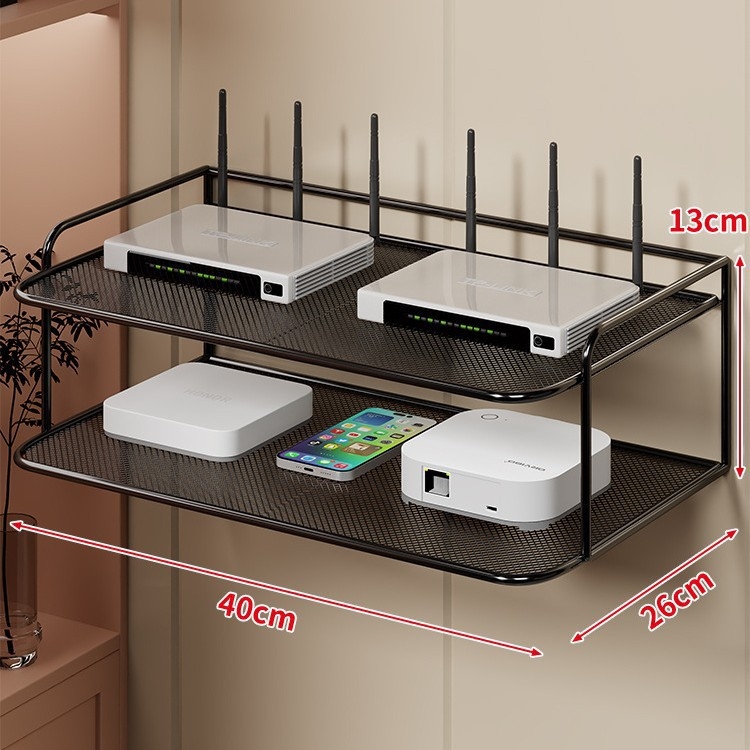 Dvoetažna zidna polica za Set-Top Box, router i TV, od željeza, bez bušenja, bez montaže