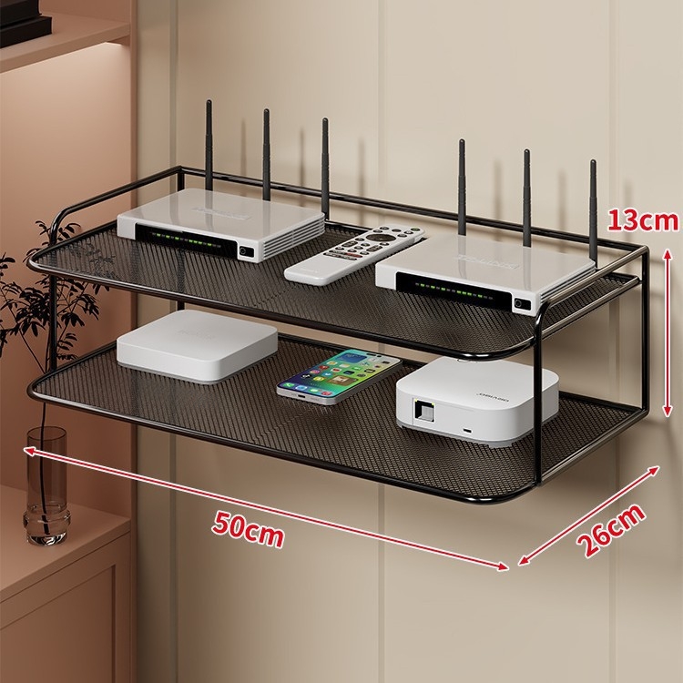 Dvoetažna zidna polica za Set-Top Box, router i TV, od željeza, bez bušenja, bez montaže