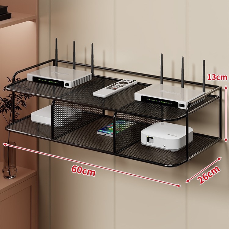 Dvoetažna zidna polica za Set-Top Box, router i TV, od željeza, bez bušenja, bez montaže