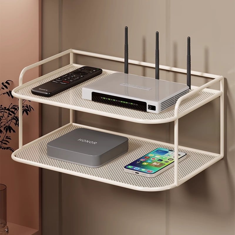 Dvoetažna zidna polica za Set-Top Box, router i TV, od željeza, bez bušenja, bez montaže
