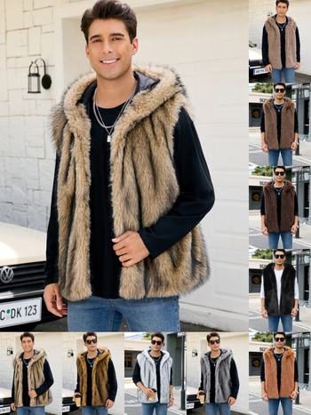 Meeste kapuutsiga kunstkarusnahast vest-jakk, laia lõikega, püstise kaelusega, külje taskud, Sügis 2025