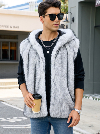 Meeste kapuutsiga kunstkarusnahast vest-jakk, laia lõikega, püstise kaelusega, külje taskud, Sügis 2025