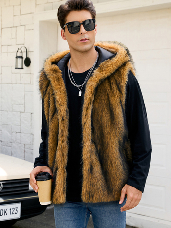 Meeste kapuutsiga kunstkarusnahast vest-jakk, laia lõikega, püstise kaelusega, külje taskud, Sügis 2025