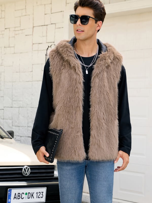 Meeste kapuutsiga kunstkarusnahast vest-jakk, laia lõikega, püstise kaelusega, külje taskud, Sügis 2025