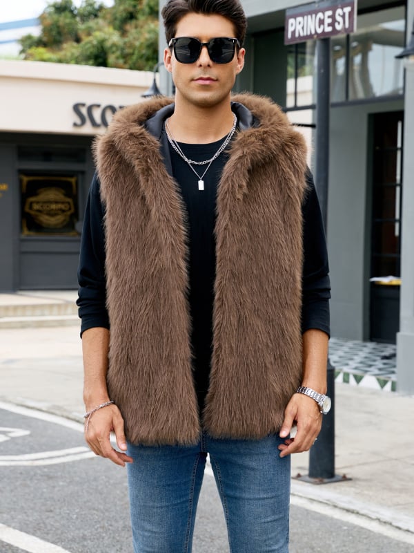 Meeste kapuutsiga kunstkarusnahast vest-jakk, laia lõikega, püstise kaelusega, külje taskud, Sügis 2025