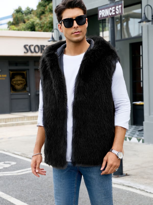 Meeste kapuutsiga kunstkarusnahast vest-jakk, laia lõikega, püstise kaelusega, külje taskud, Sügis 2025