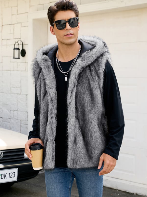 Meeste kapuutsiga kunstkarusnahast vest-jakk, laia lõikega, püstise kaelusega, külje taskud, Sügis 2025