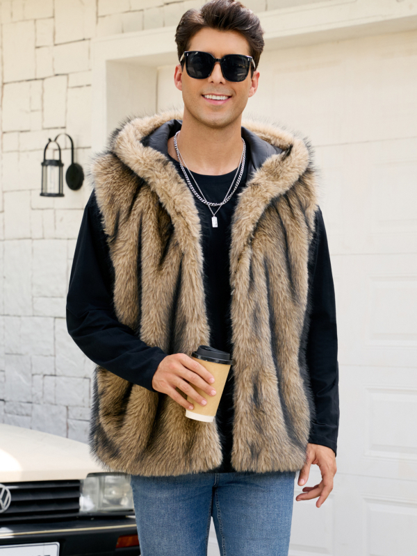 Meeste kapuutsiga kunstkarusnahast vest-jakk, laia lõikega, püstise kaelusega, külje taskud, Sügis 2025