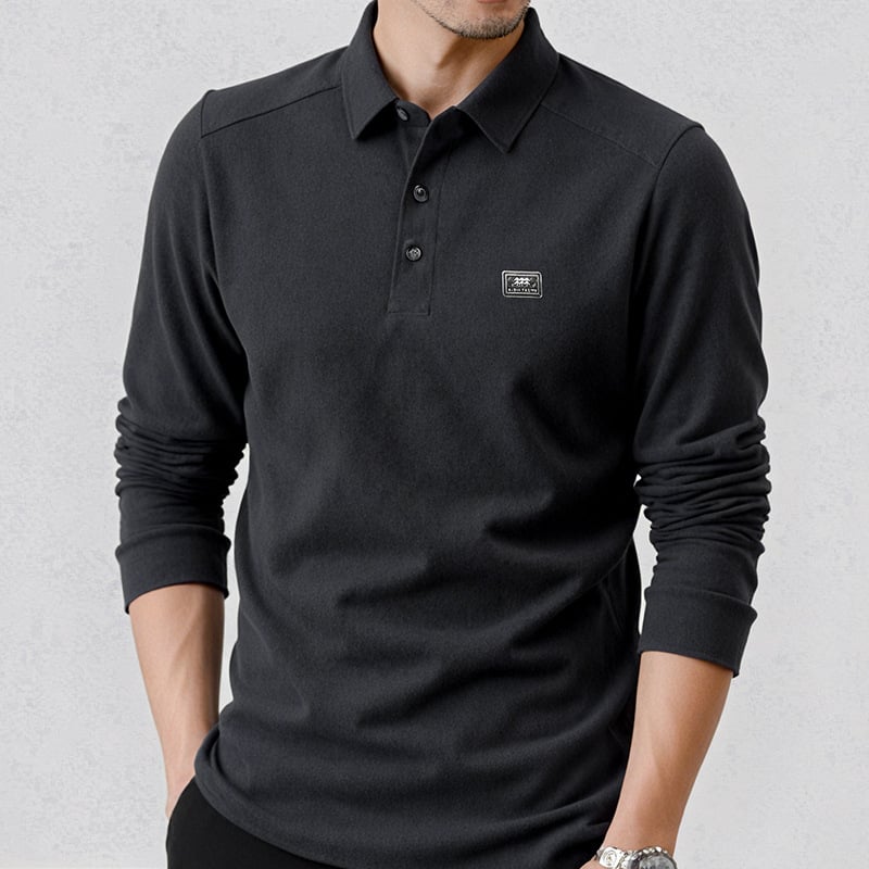 Meeste pikkade varrukatega trikotaažtop, polo krae, fleece-vooder, slim lõige, 100% polüester (Talv 2025)