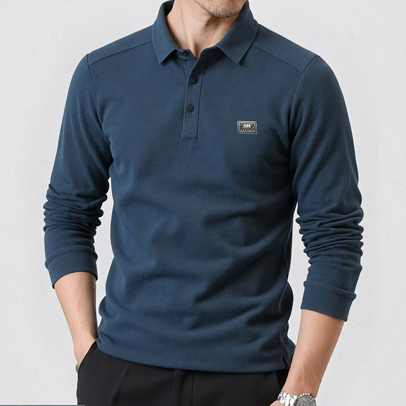 Meeste pikkade varrukatega trikotaažtop, polo krae, fleece-vooder, slim lõige, 100% polüester (Talv 2025)