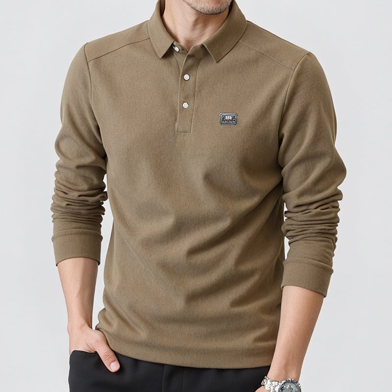 Meeste pikkade varrukatega trikotaažtop, polo krae, fleece-vooder, slim lõige, 100% polüester (Talv 2025)