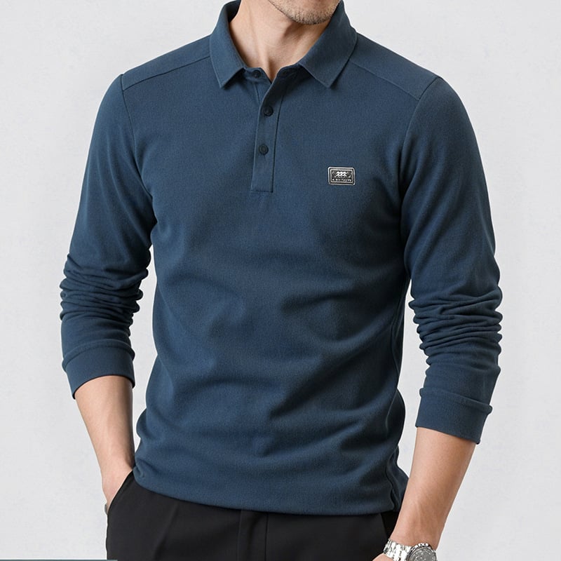 Meeste pikkade varrukatega trikotaažtop, polo krae, fleece-vooder, slim lõige, 100% polüester (Talv 2025)