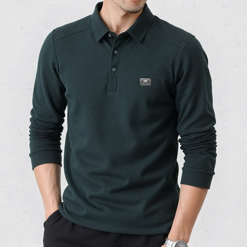 Meeste pikkade varrukatega trikotaažtop, polo krae, fleece-vooder, slim lõige, 100% polüester (Talv 2025)