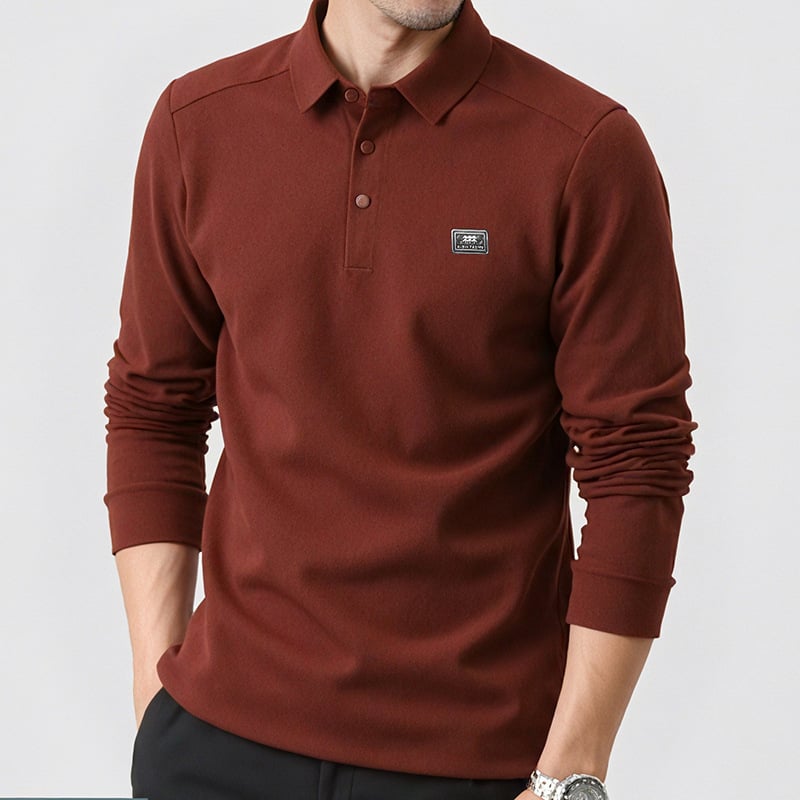 Meeste pikkade varrukatega trikotaažtop, polo krae, fleece-vooder, slim lõige, 100% polüester (Talv 2025)